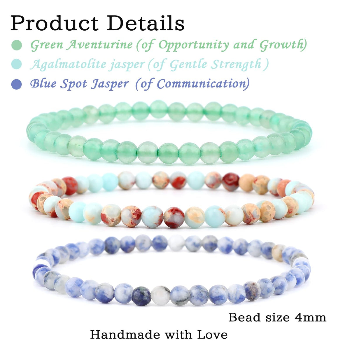CMBYN 3-Pieces 4mm Natural Crystal Gemstone – ﻿Agalmatolite Jasper, Blue Spot, Green Aventurine Handmade Reiki Energy Healing Stretch Bracelets Jewelry for Yoga, Meditation, Unisex