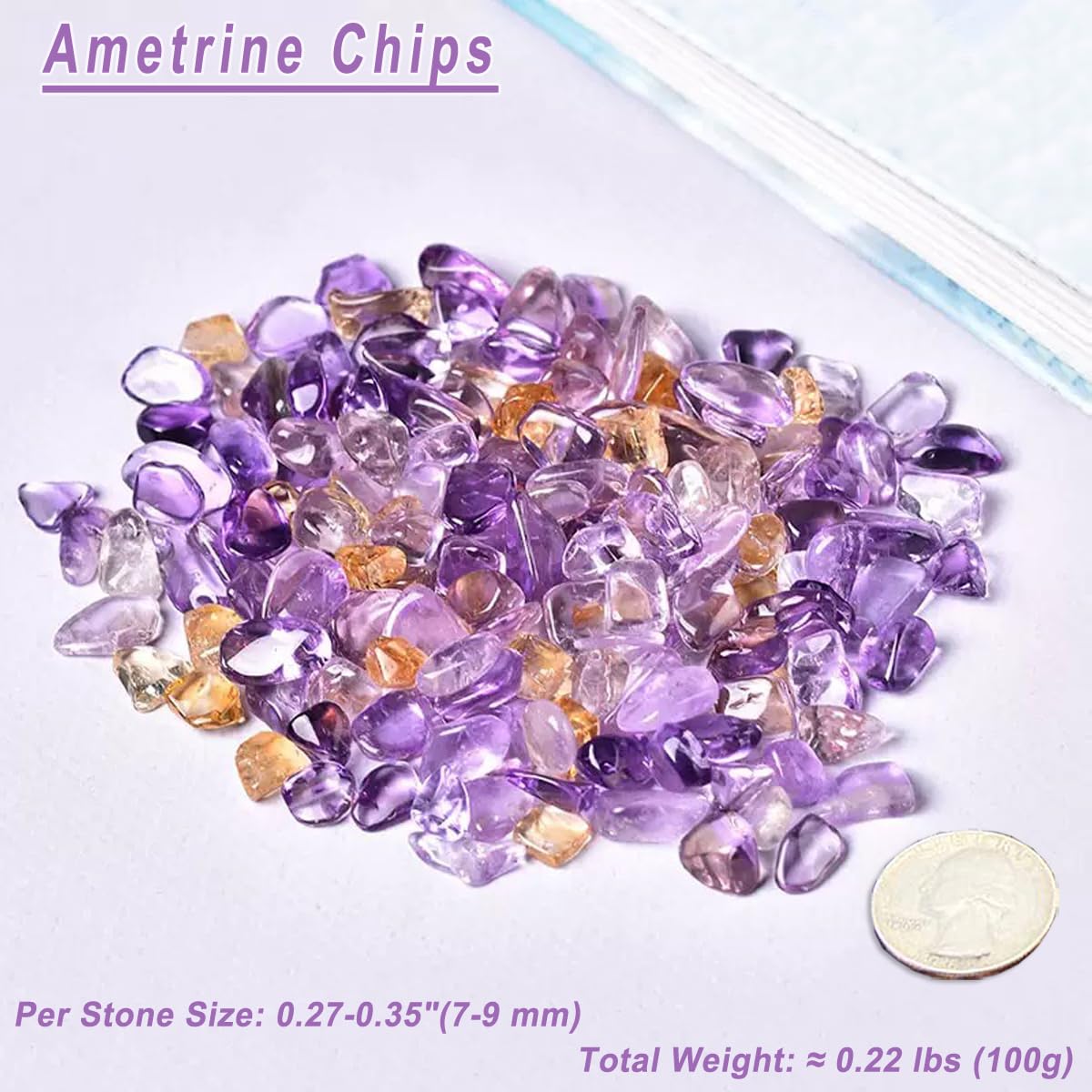 Erliway 100g Natural Ametrine Crystal Chips, 7-9mm Tumbled Chips Crushed Crystal Stone, Polished Crystal Chip for Fish Tank, Healing Tumbled Crystal Chip for Reiki Crystal Jewelry Making Home Décor
