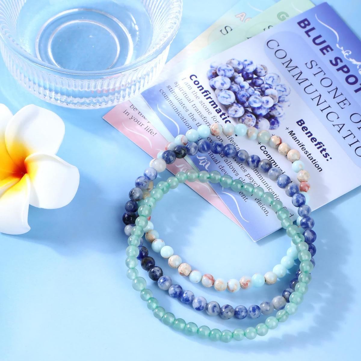CMBYN 3-Pieces 4mm Natural Crystal Gemstone – ﻿Agalmatolite Jasper, Blue Spot, Green Aventurine Handmade Reiki Energy Healing Stretch Bracelets Jewelry for Yoga, Meditation, Unisex