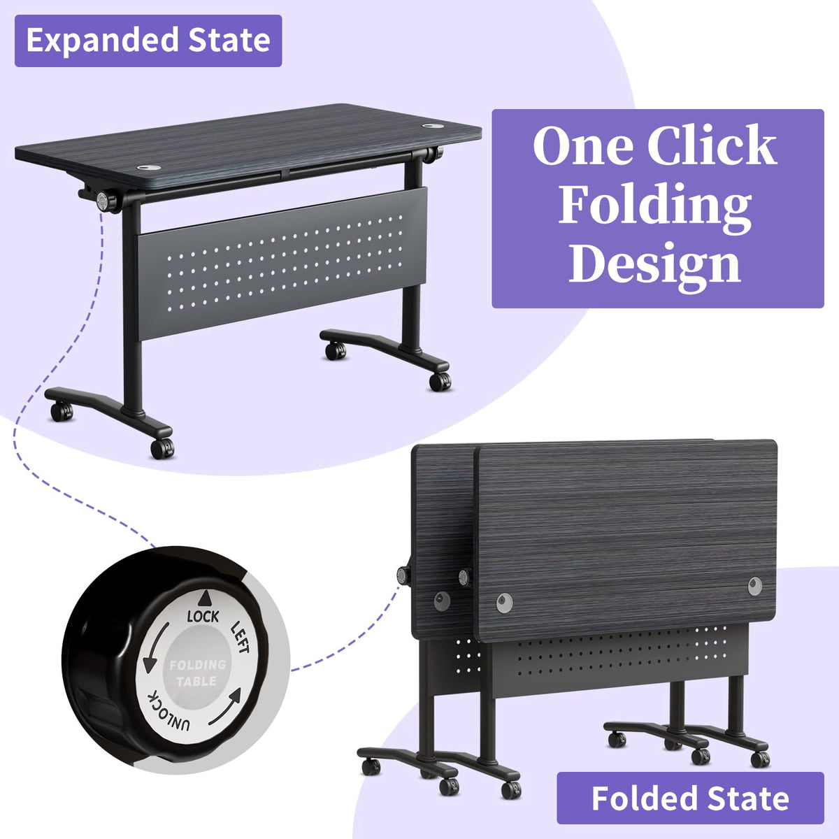 JNMDLAKO Folding Conference Room Table for 6-12 Person, Modular Mobile Large Flip-Top Training Table with Locking Wheels, Modern Rectangular Seminar Meeting Tables for Office (6, Black, 61in)