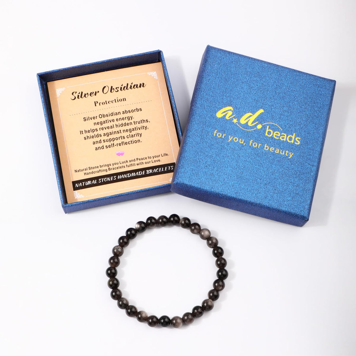 AD Beads 10mm Handmade Silver Obsidian Elastic Bracelet – Natural Gemstone for Protection – Meditation, Yoga, Healing and Energy Gift for Men Women