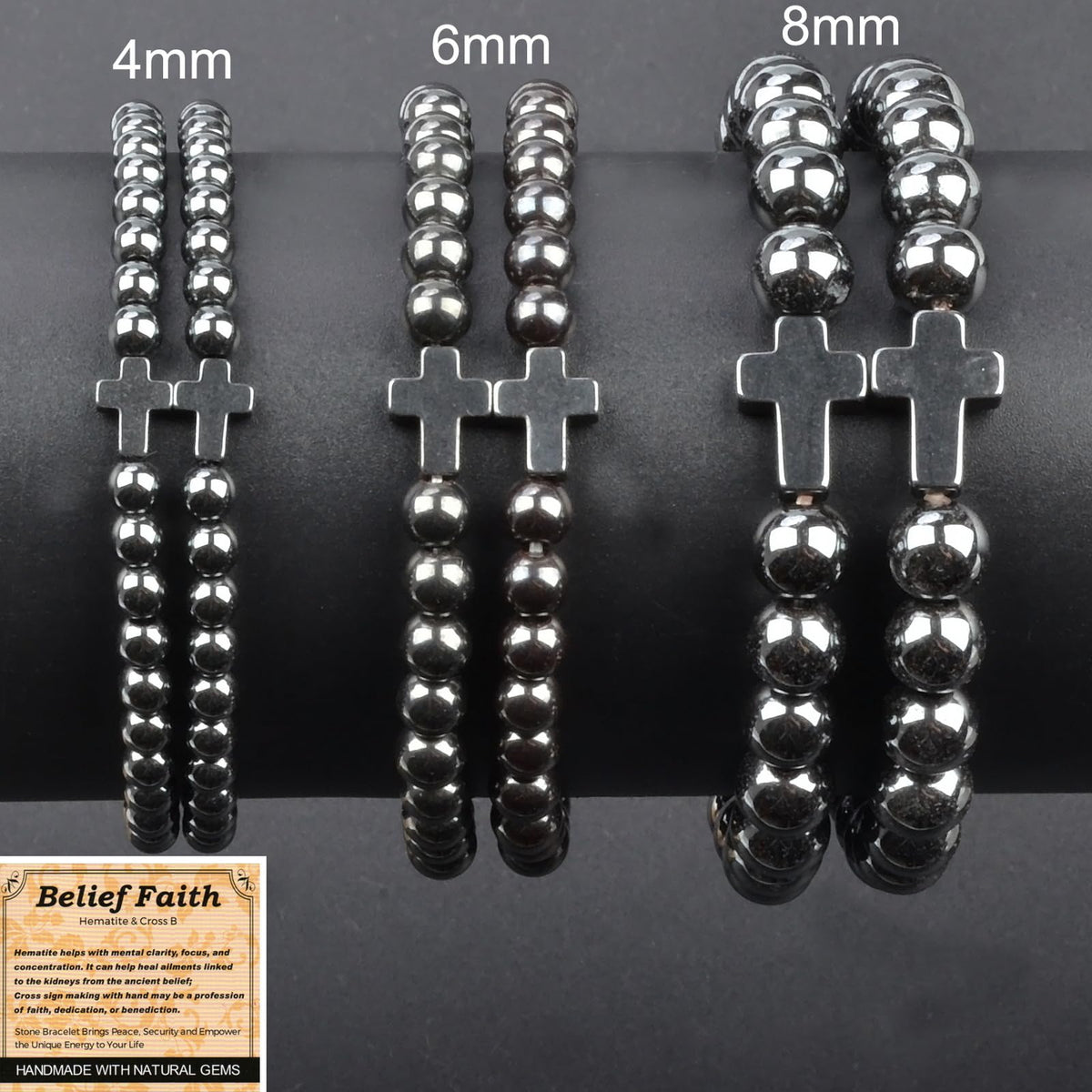 MASSIVE BEADS Hematite and Cross - Belief Faith Handmade Handmade Yoga Stretch Elastic Bracelet Natural Stone Crystal Healing Power Energy Gifts for Unisex Adult 4mm