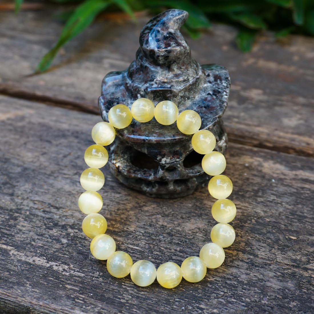 Natural Selenite Crystal Bracelet 10mm | Yellow Plated | Authentic Stone with Leather Pouch, Gift Box & Repair Kit | Fits 7-7.5 inch Wrist
