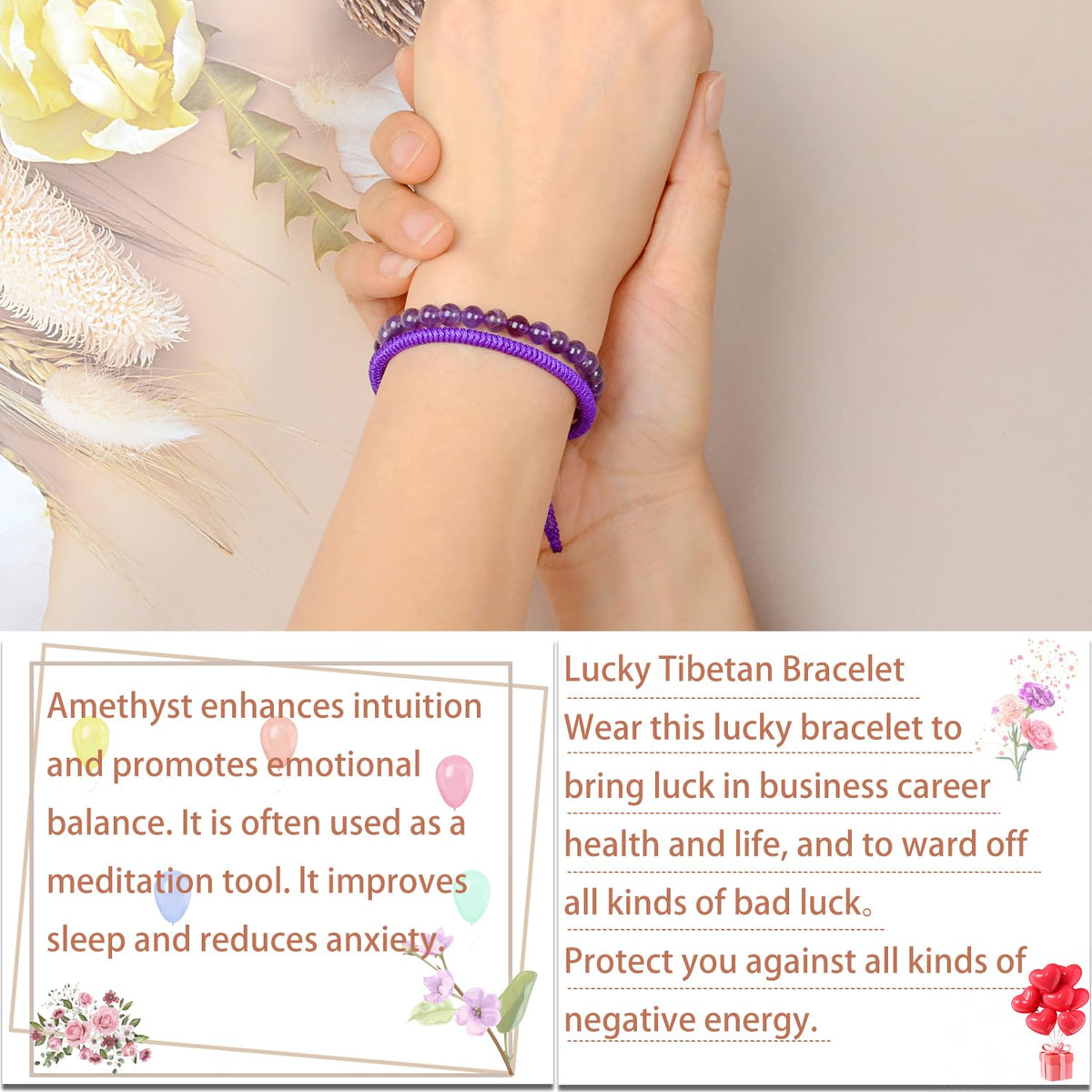 LPBeads 6mm Purple Amethyst Bracelet with Handmade Rope Bracelet Size Adjustable Natural Stone Crystal Healing Bracelets Gifts for Unisex Adults
