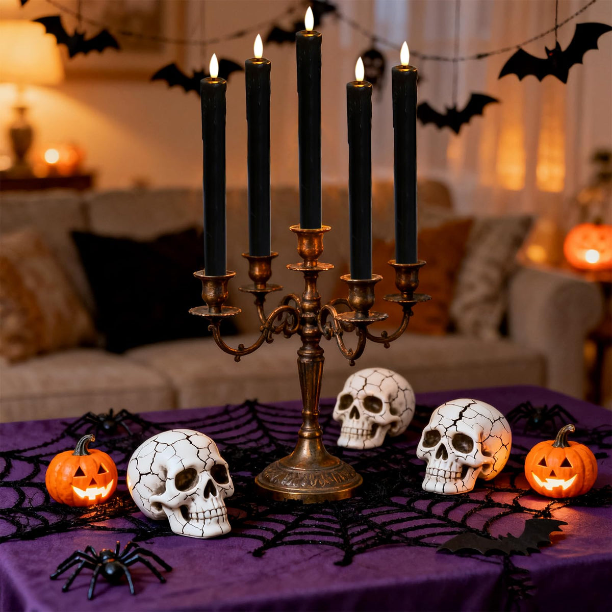 Lezonic Black Flameless Taper Candles Battery Operated with Remote, Long LED Candlesticks Flickering Real Wax Set of 6, 9.5 inch Battery Candles with Realistic 3D Flame for Halloween