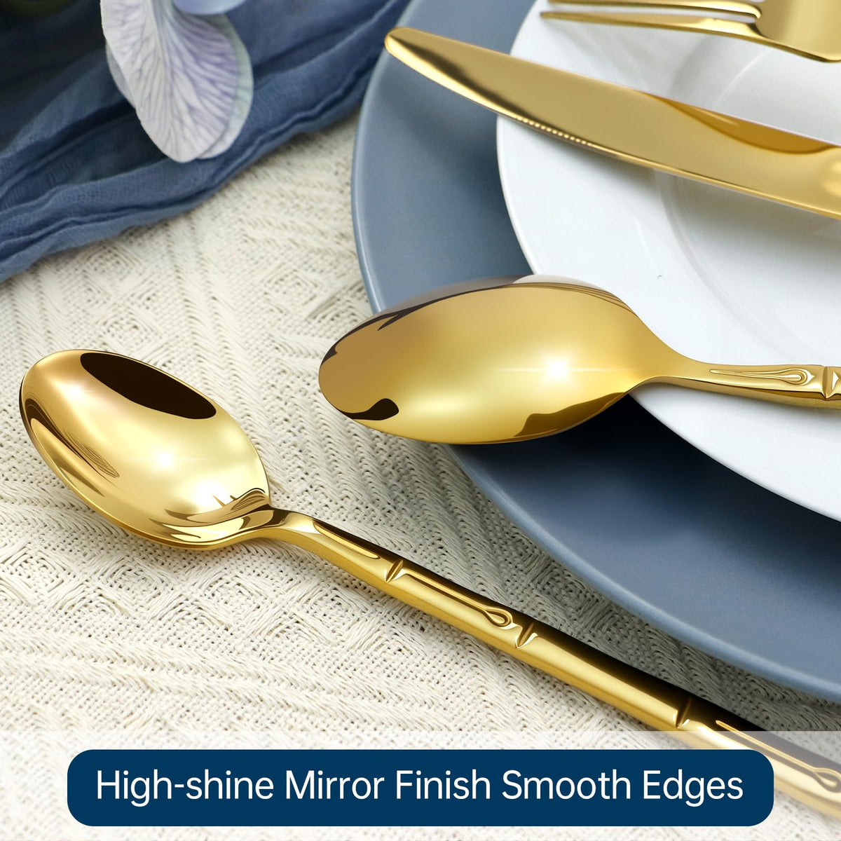 SILWELL Silverware 60-Piece Stainless Steel Mirror Polishing Gold Flatware Set Bamboo Pattern Cutlery Set Service for 12