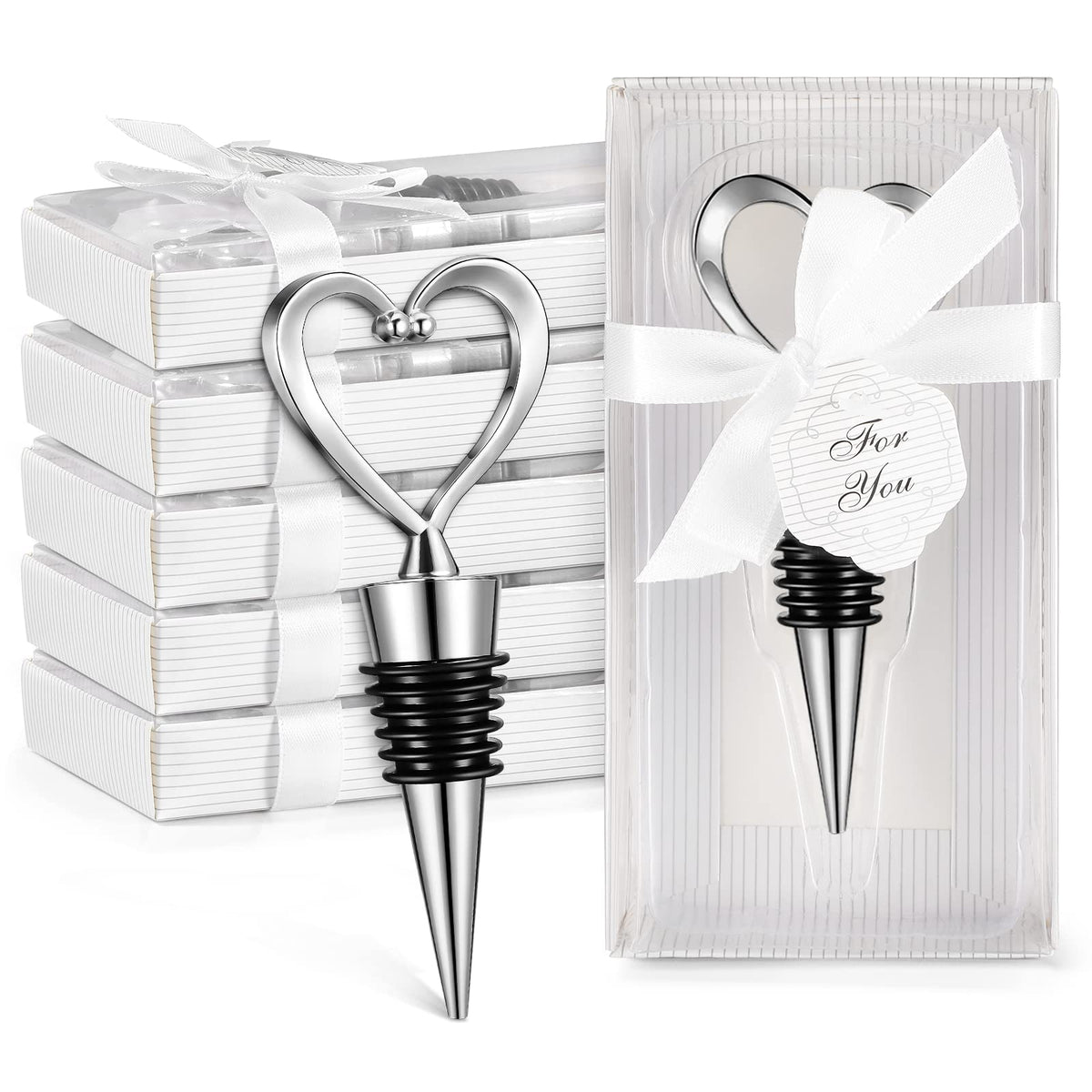 Ferraycle 30 Pcs Heart Wine Stoppers Wedding Bridal Shower Favor for Guests Silver Heart Wine Bottle Openers Champagne Stopper Wine Saver Metal Wine Cork Holder Plugs with Box for Wedding(Classic)