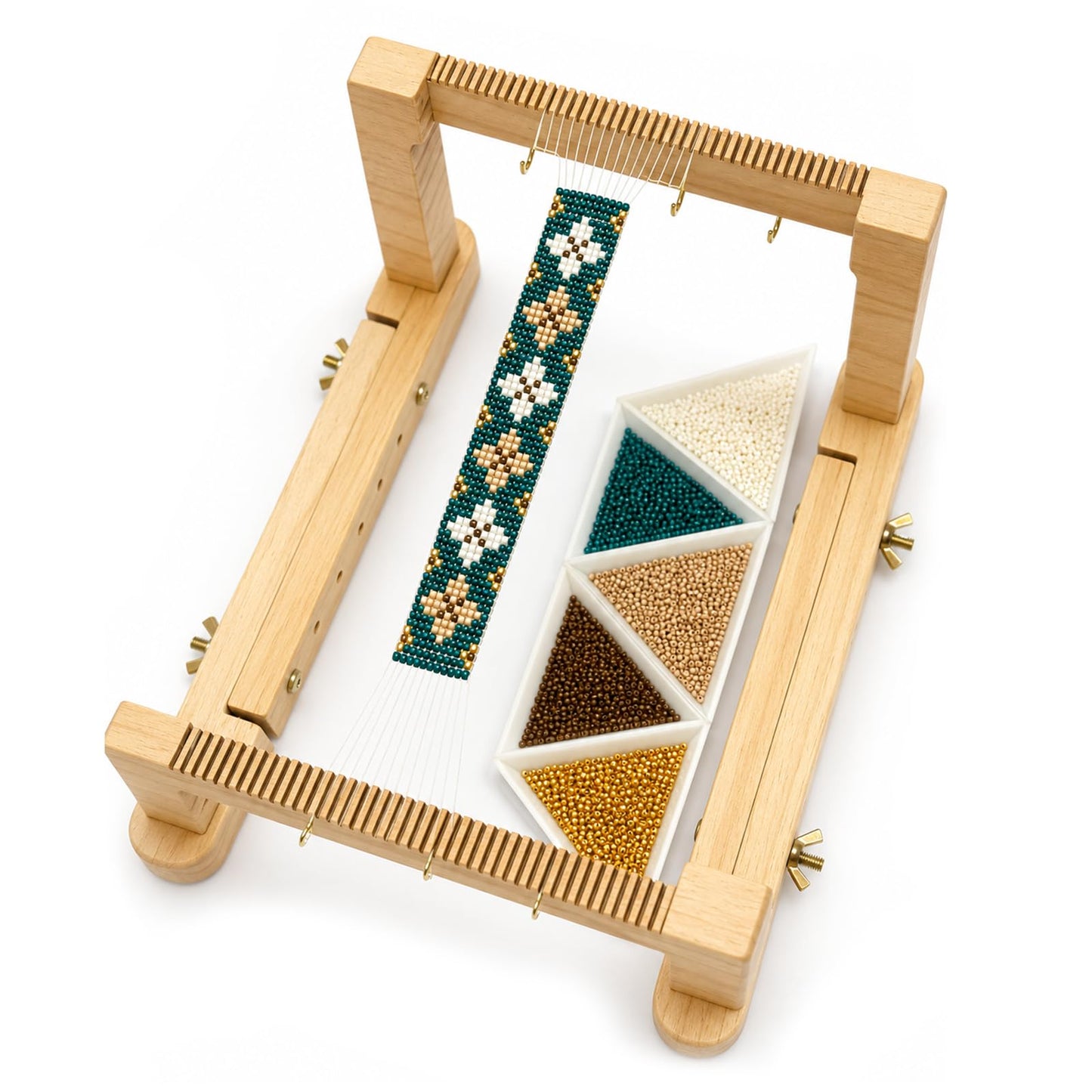 TMEGMIC Adjustable Wood Bead Loom Kit - Professional Wooden Weaving Frame for Jewelry Making - Sturdy Tool for Beginners, Seed Beads, Bracelets & DIY Crafts (Natural Wood-Vintage Green Bracelet)