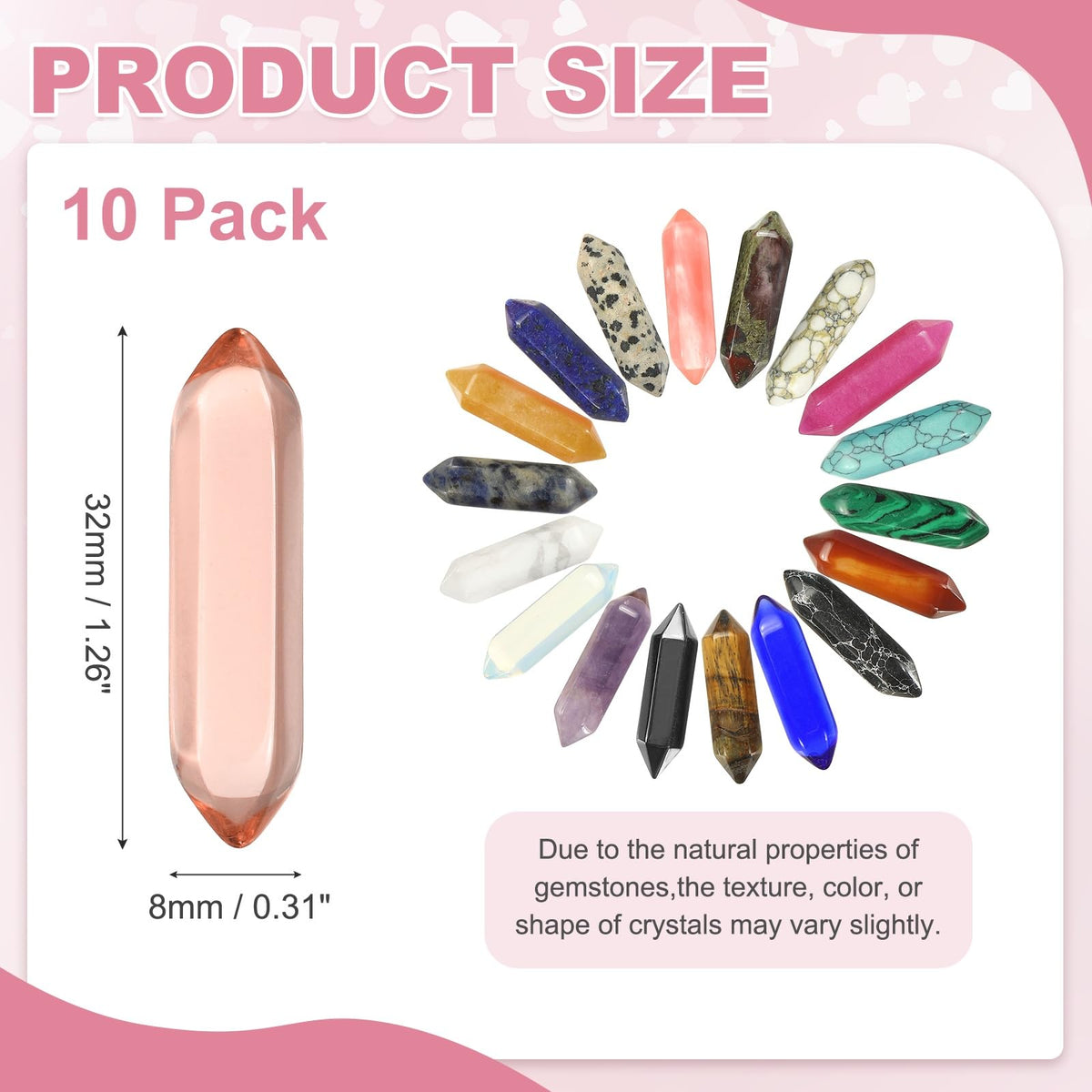 MECCANIXITY 10 Pack Light Red Quartz Crystals, Polished Crystals Bulk Hexagonal Shaped Meditation Gemstone for Jewelry Making Energy Balance Accessories Gifts