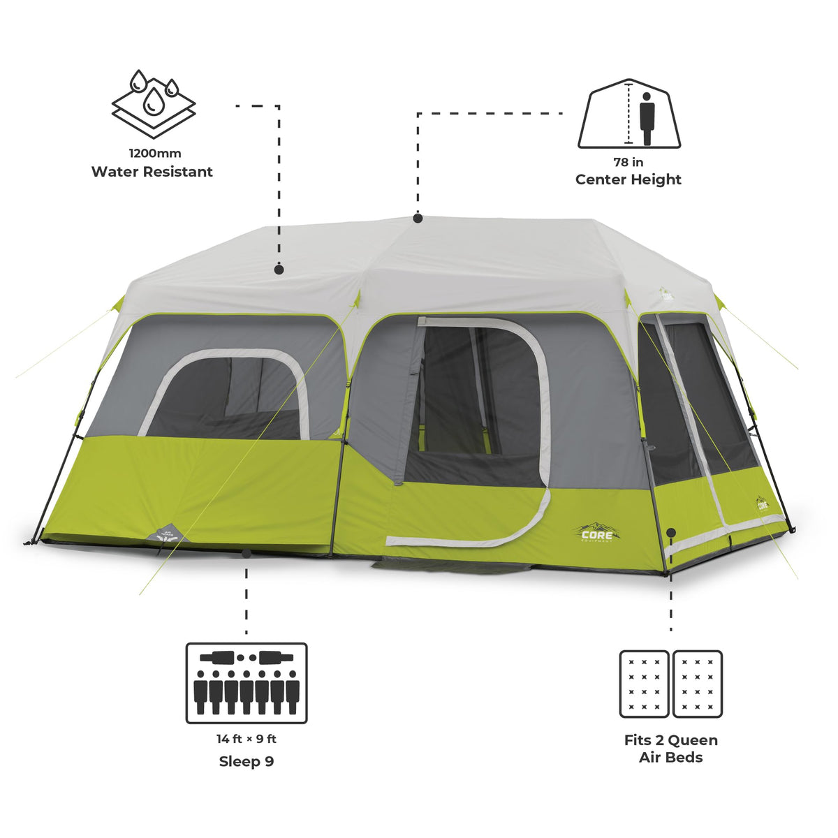 CORE 9 Person Instant Cabin Tent | Large Multi Room Family Pop Up Tent for 2 Minute Camp Setup | Included Storage Pockets for Camping Accessories