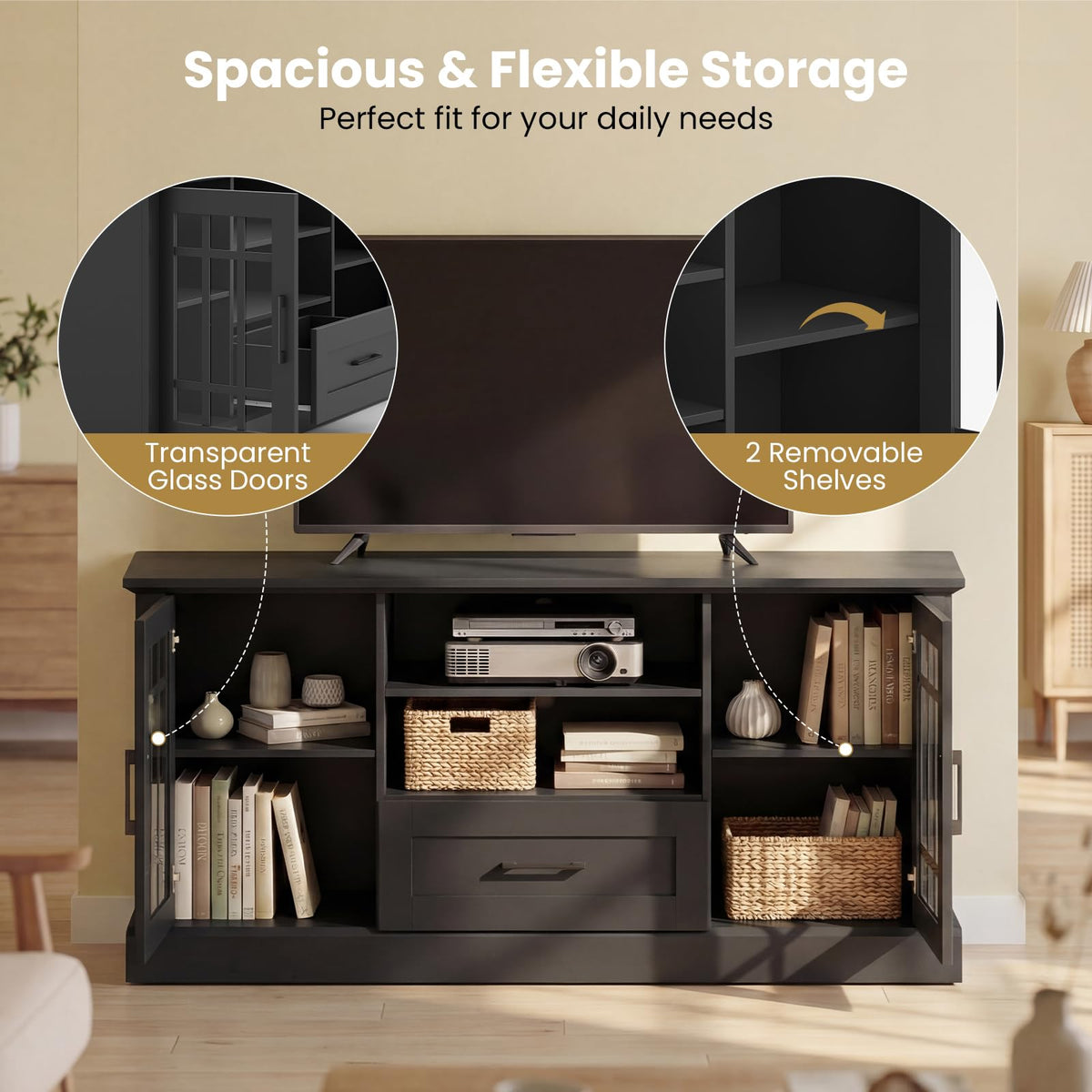 Giantex Farmhouse TV Stand for 65/70 Inch TV, Tall Entertainment Center with Storage Cabinets, Glass Doors, Drawer, Removable Shelves, Media TV Console Table for Living Room, Bedroom (Black)