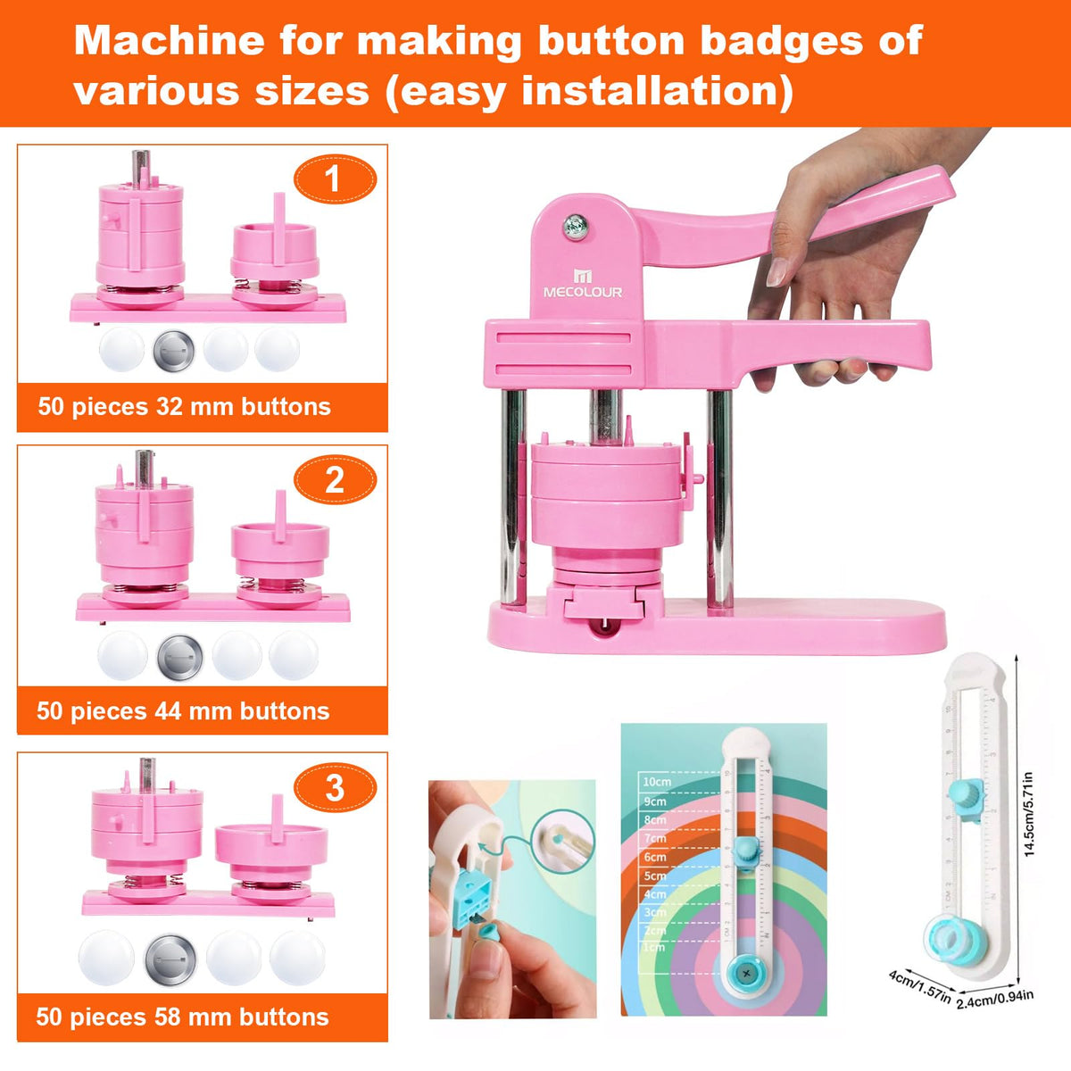 MECOLOUR Button Maker Machine Multiple Sizes 1.26+1.73+2.28 inch Pin Maker Machine,150pcs Button Badge Making Supplies,Button Press Machine for DIY Personalized Pinback Buttons Children DIY Gift(Pink)