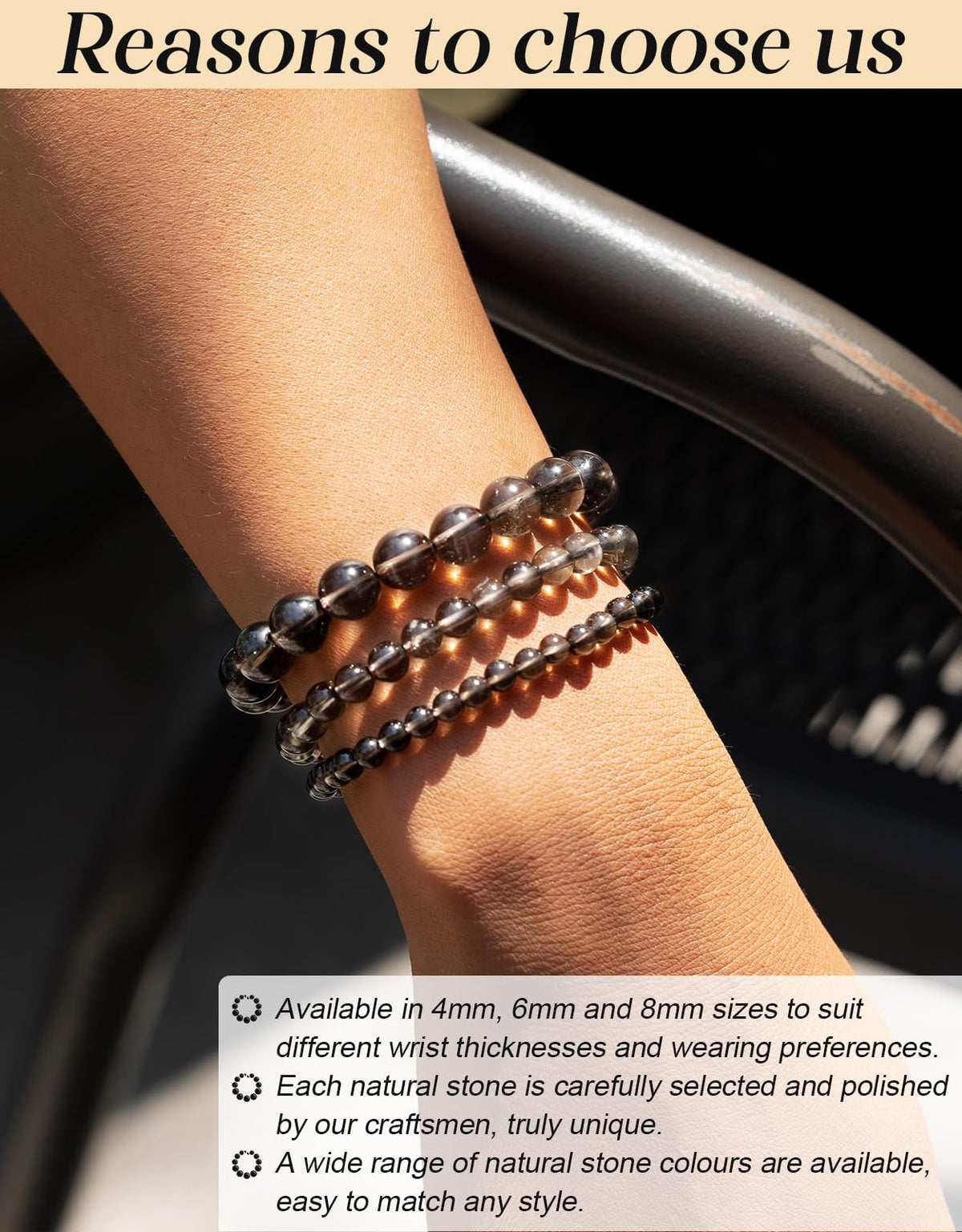 Landorilo Beaded Bracelet for Men Women, 6mm Natural Stone Smoky Quartz Healing Crystal Stretch Bracelets, Ideal Christmas Birthday Jewelry Gifts with Energy Card，Replacement Beads Included