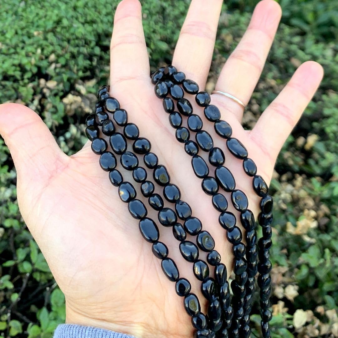 Adabele 15 Inch Natural Black Tourmaline Gemstone Loose Beads 6mm to 8mm Free Form Oval Tumbled Pebble Gem Stone Spacer for Jewelry Making GZ11-46
