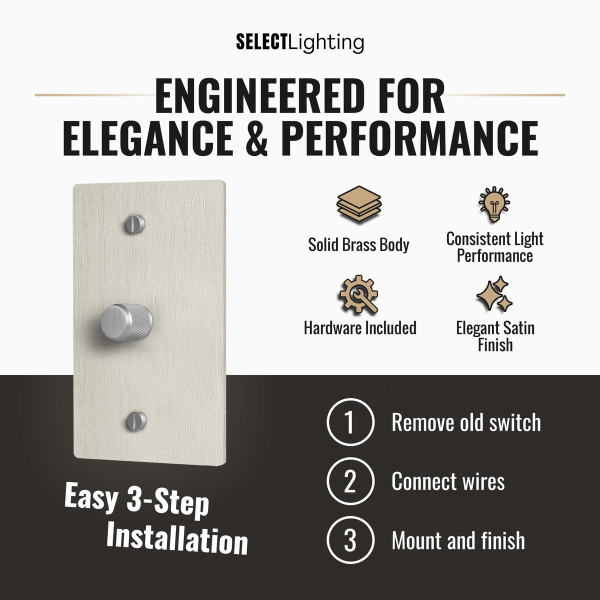 SELECT Rotary Dimmer Switch, Solid Brass, 1-Gang, Satin Nickel