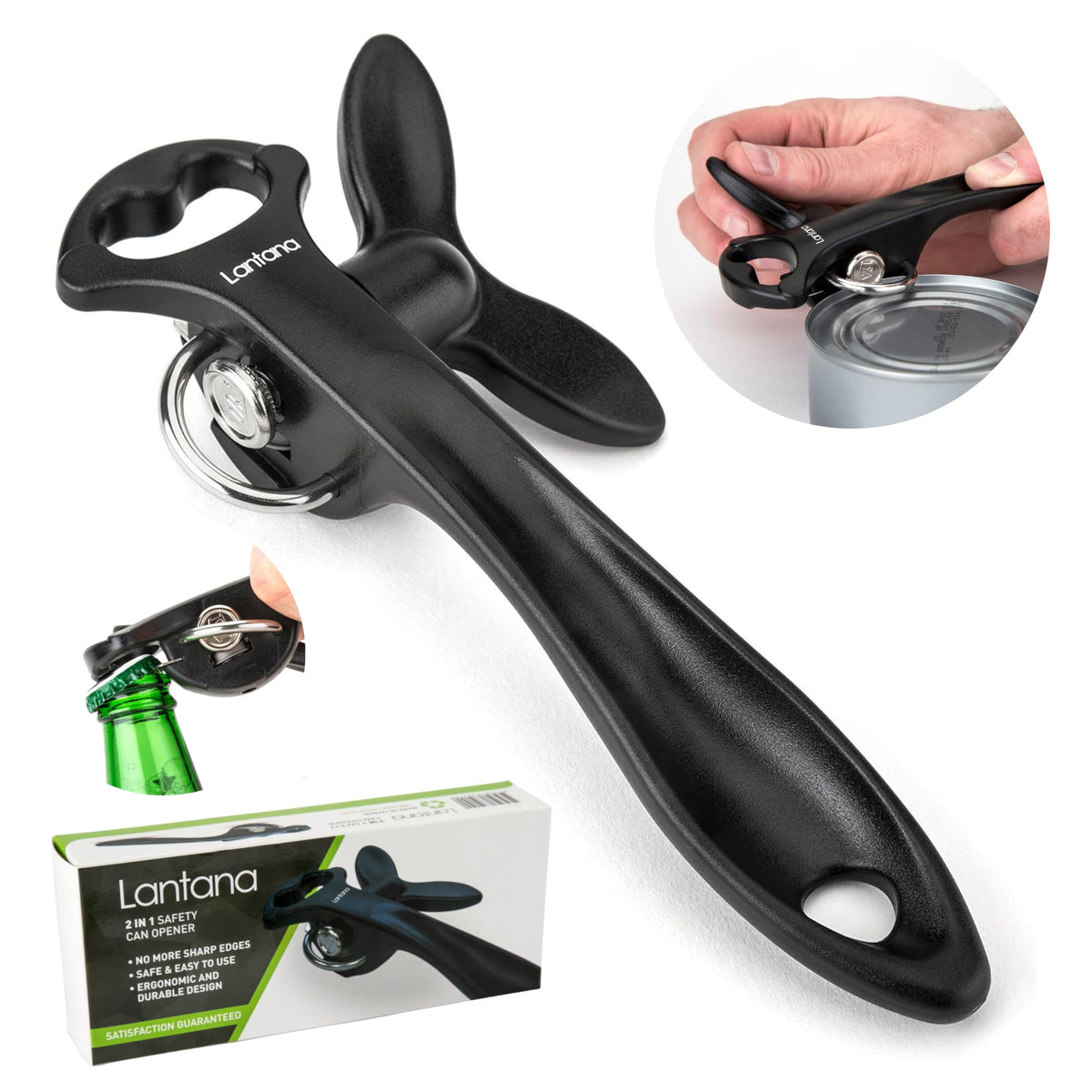 Lantana Smooth Edge Can Opener with Bottle Cap Lifter - Hand Held Manual Safety Tin Opener - Black/Stainless Steel