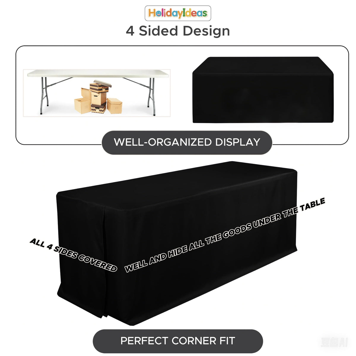 HolidayIdeas 4-Pack 6ft Black Rectangle Craft Shows Fitted Tablecloth