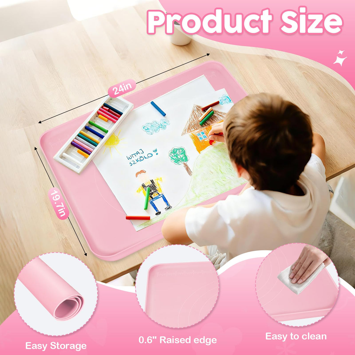 Silicone Art Mat for Crafts, Large 24x19.5 Inch Silicone Painting Mat & Craft Mat with Raised Edges for Artists, Jewelry Making, Playdough, Activities,Pink
