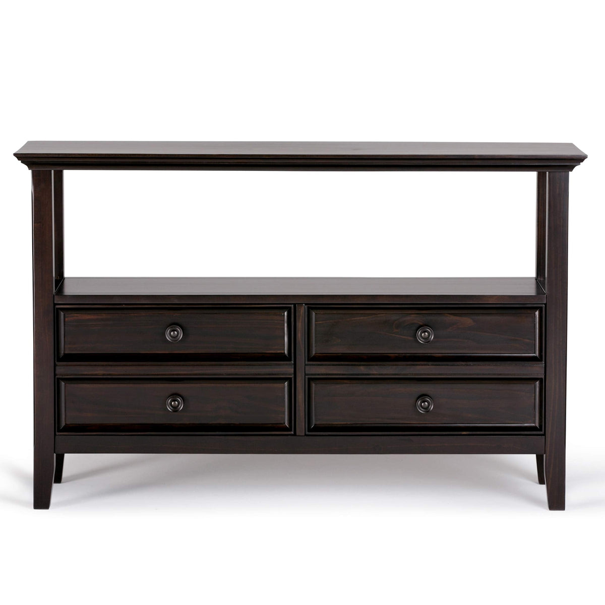 SIMPLIHOME Amherst Console Table - 48 Inch Wide Solid Wood Sofa Table in Hickory Brown, Transitional Storage Table for Entryway or Living Room with 2 Deep Drawers and Large Open Shelf