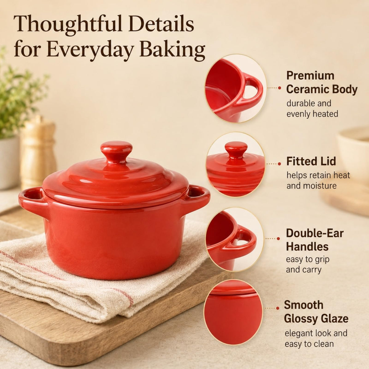 RHBLME 6 Pack French Onion Soup Bowls, 7 Oz Ramekins Oven Safe Mini Cocotte, Red Ramekins with Lids Oven Safe Soup Bowls for Creme Brulee, Pot Pie, Lava Cakes, Pumpkin Soup