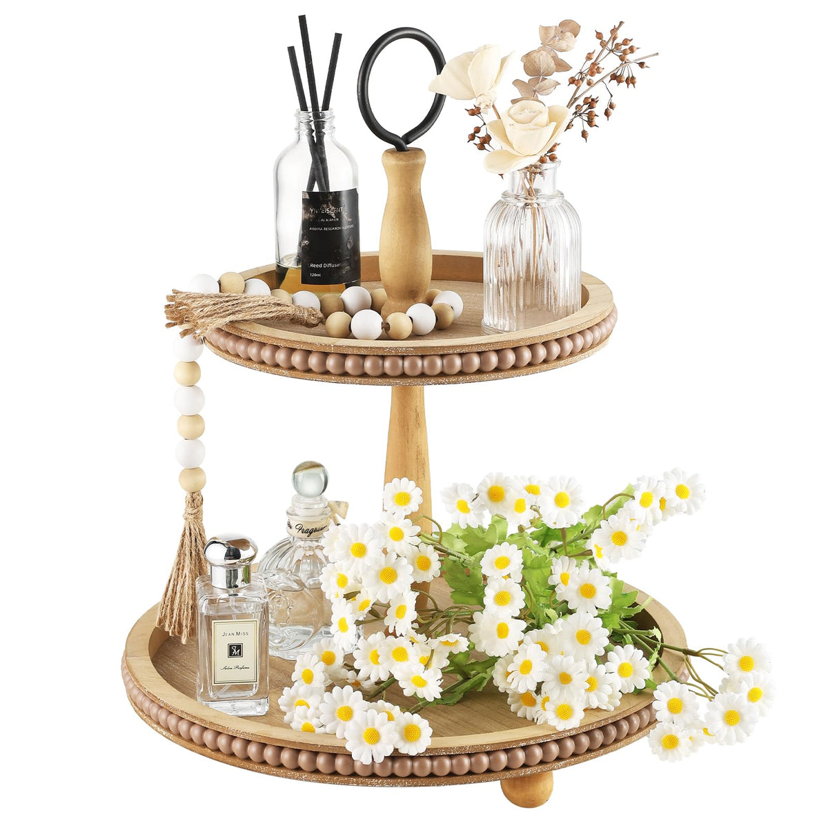 Beaded Tiered Tray Stand, Rustic Wooden 2 Tier Decorative Tray with Bead Garland, Farmhouse Round Wood Serving Tray Counter Centerpiece for Coffee Bar Home Decor Holiday Housewarming Gifts (Brown)