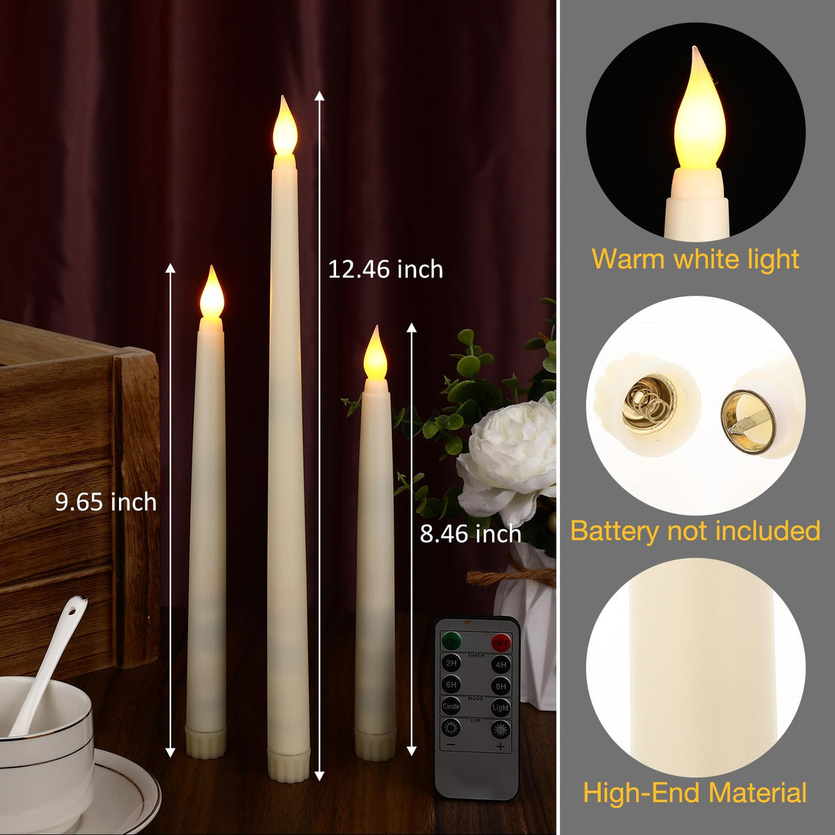 Tuanse 24 Pack 24 Pack Flameless Flicker Taper Candles Bulk with Remote and Timer, Battery Operated LED Warm White Taper Candles Light for Home Wedding Decoration Gifts (Beige,12 Inch)