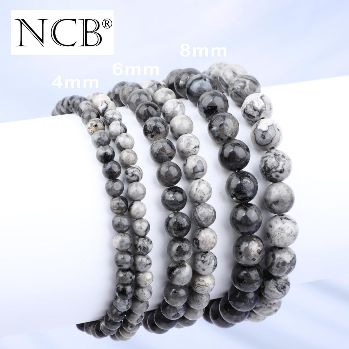NCB 2-Piece 8mm Natural Crystal Gemstone Stretch Bracelets – ﻿Black Larvikite, Map Jasper Handmade Reiki Energy Healing Jewelry for Meditation,Yoga, Unisex