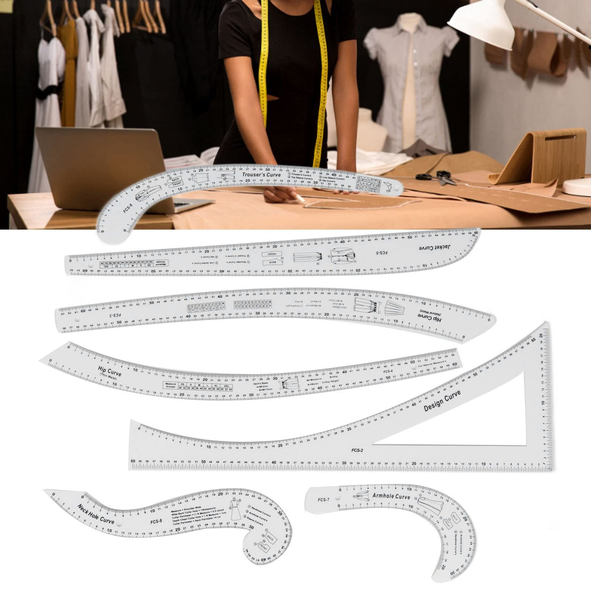 French Curve Ruler Set 7Pcs Acrylic Clear Sewing Ruler Tailor Kit for Dress Making
