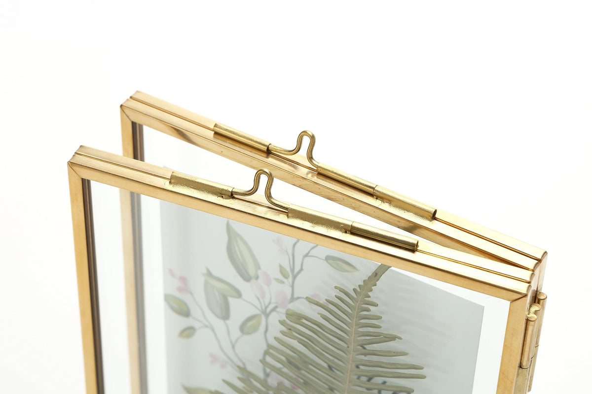 Rising Star Brass Frame, Double 3.5x5 Folding Picture Frames, Gold Metal Pressed Glass Photo Frame