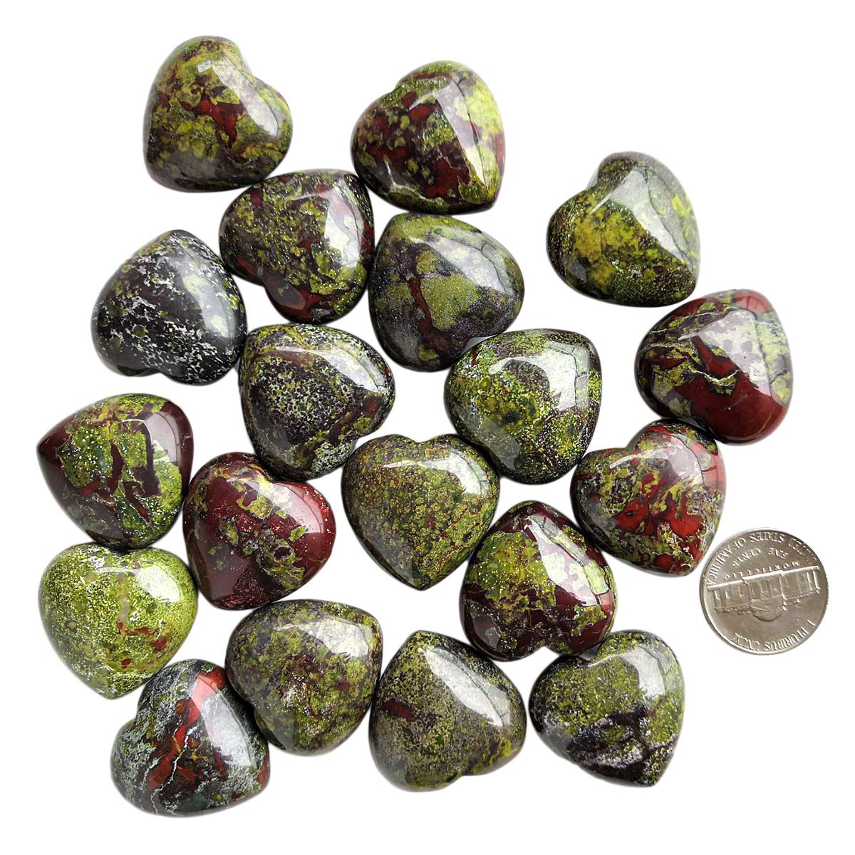 Loveliome 4 Pcs Natural Dragon Bloodstone Love Heart Palm Stone Reiki Balancing Worry Stone(1 Inch)