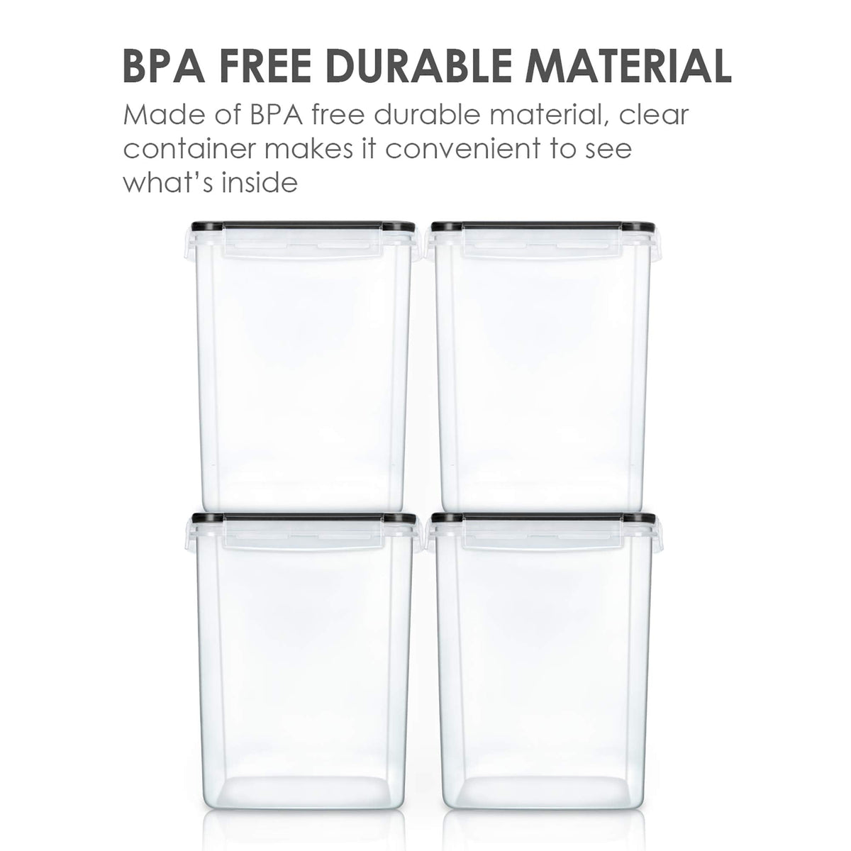 Vtopmart 4 PCS Large Food Storage Containers 5.2L / 175oz, 4 Pieces BPA Free Plastic Airtight Canisters for Flour, Sugar, Baking Supplies, Rice with Lids, 4 Measuring Cups and 24 Labels, Black