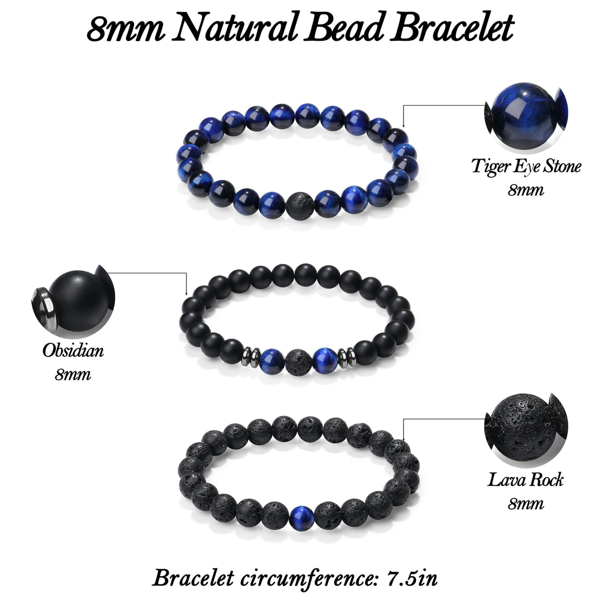 XIANNVXI Mens Blue Crystal Beads Bracelet 3PC Blue Black Stone 8mm Bead Bracelets Set for Men Stretch Lava Rock Obsidian Black Crystal Beaded Bracelet for Mens