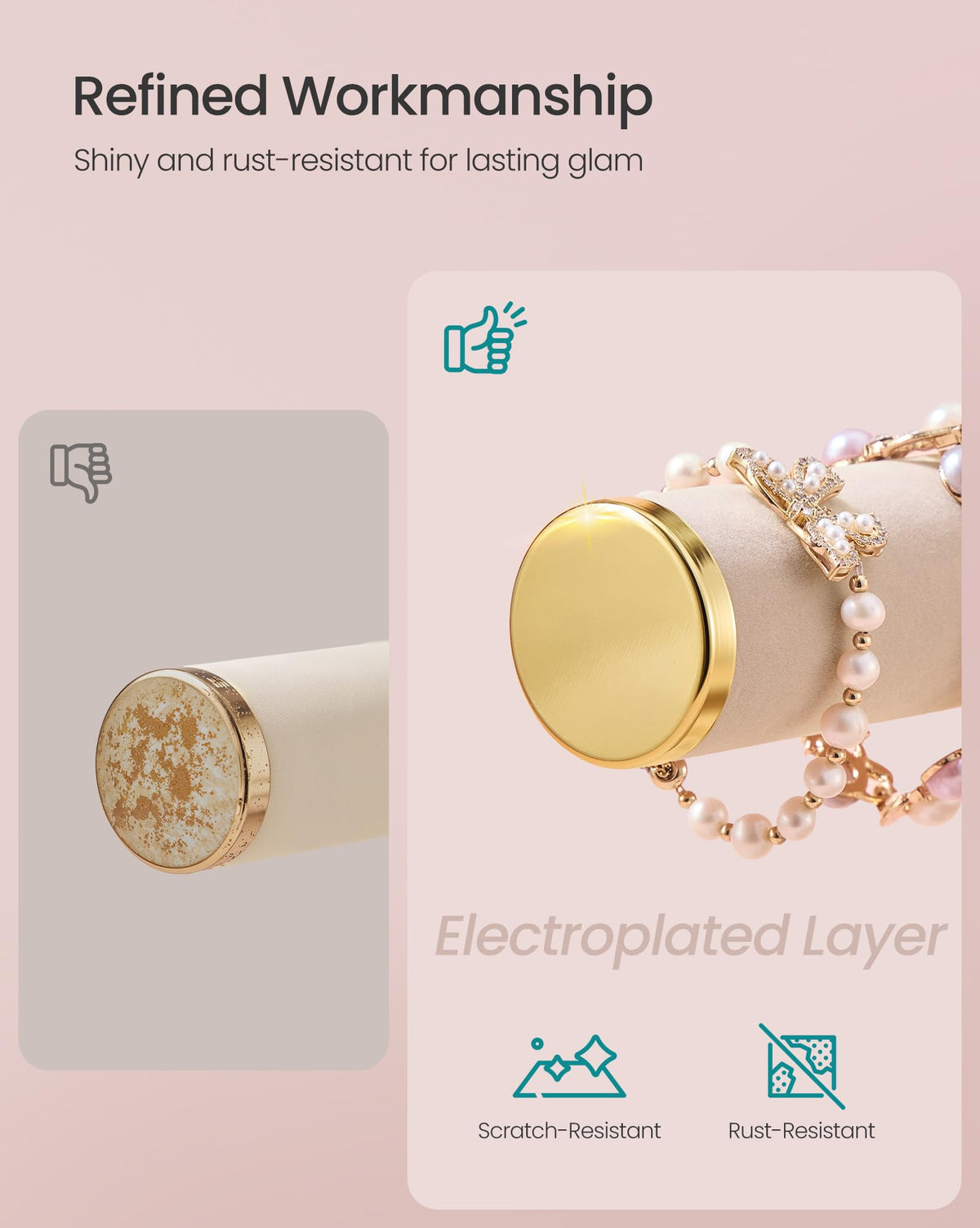 SONGMICS Bracelet Holder Stand, Jewelry Display Stand, Jewelry Organizer, with 3 Tiers and Velvet Tray, Removable Ring Holder, Cloud White and Camel Brown UJJS027A01