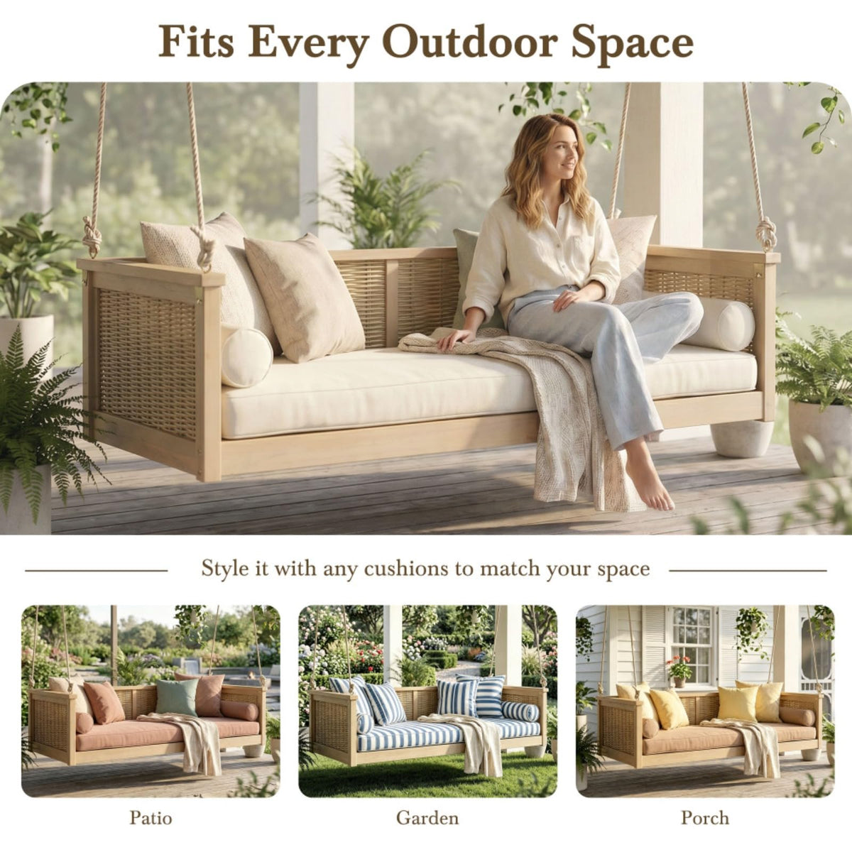 Outdoor Twin Size Porch Swing Bed w/Solid Wood Frame for Garden, All Weather Wooden Swing Bench w/Hand Woven Rattan Backrest & Armrest for Patio, Deck, Balcony, Backyard (Light Teak)