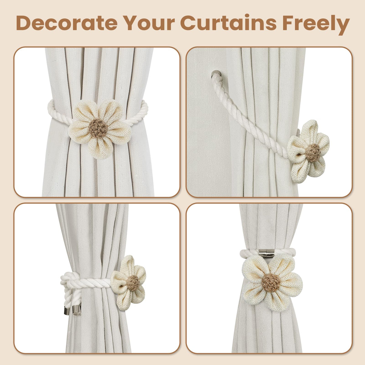 KLOGTSIND Magnetic Curtain Tiebacks, 4 Pack Flower Curtain Holdbacks for Draperies, Elegant Curtain Tie Backs for Boho Bedroom Decor, Toddler Girl Room Decor, Baby Nursery Decor