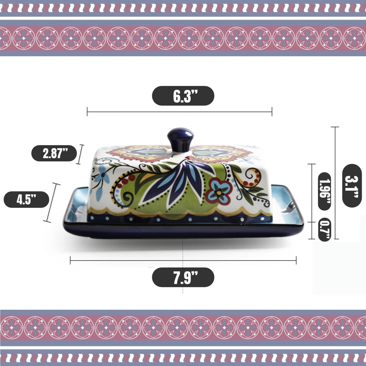 Ceramic Butter Dish with Lid Bohemia Hand Drawn Butter Plate Tray with Cover for Cheese Vintage Cheese Container Holder European-Style Butter Keeper for Home Kitchen 7.9 x 4.5 x 3.1 Inches (1)