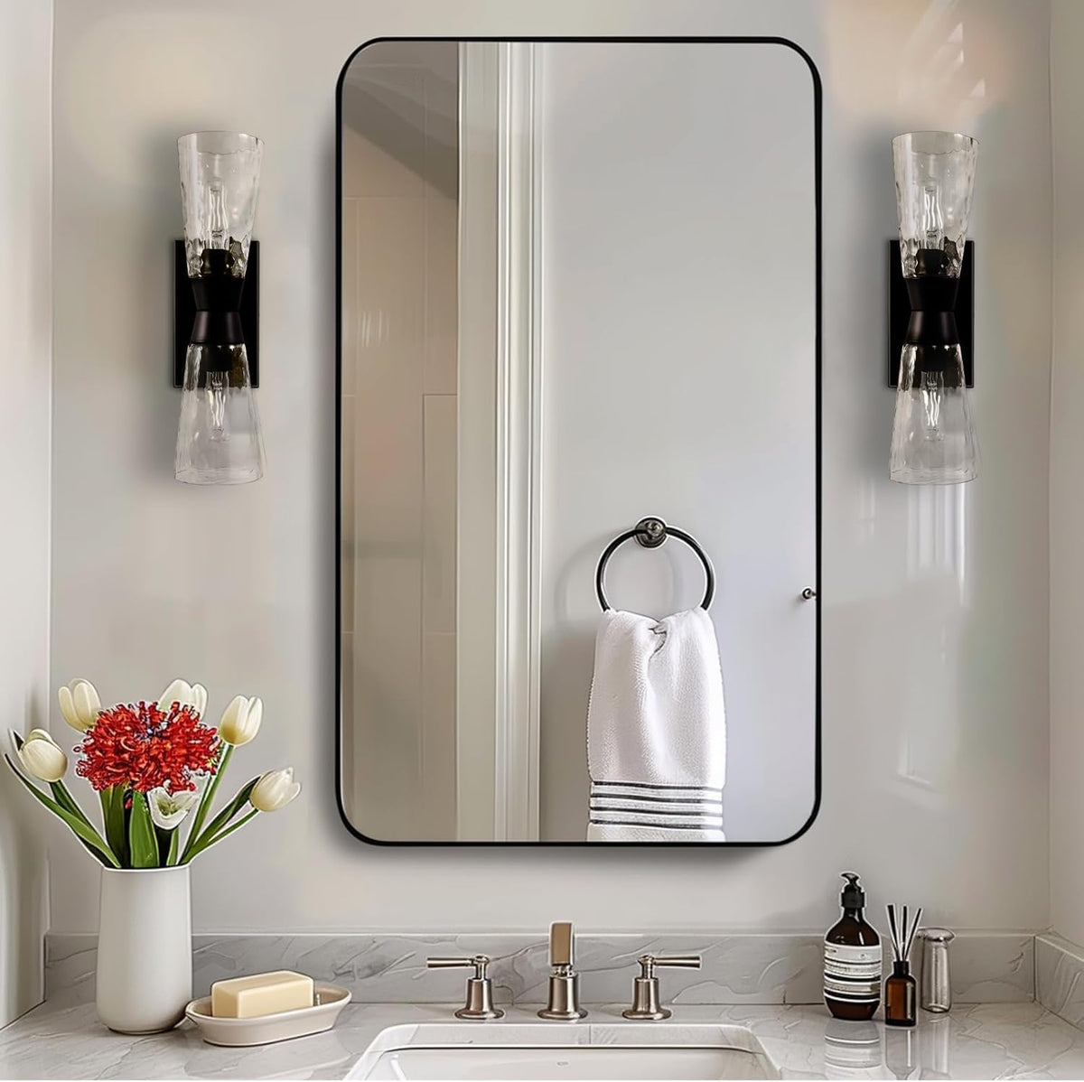ANDY STAR 30”x48” Black Bathroom Mirror, Wall Mirror for Bathroom, Rounded Rectangle Mirror in Premium Stainless Steel Metal Frame Hangs Horizontal Or Vertical (Matte Black)