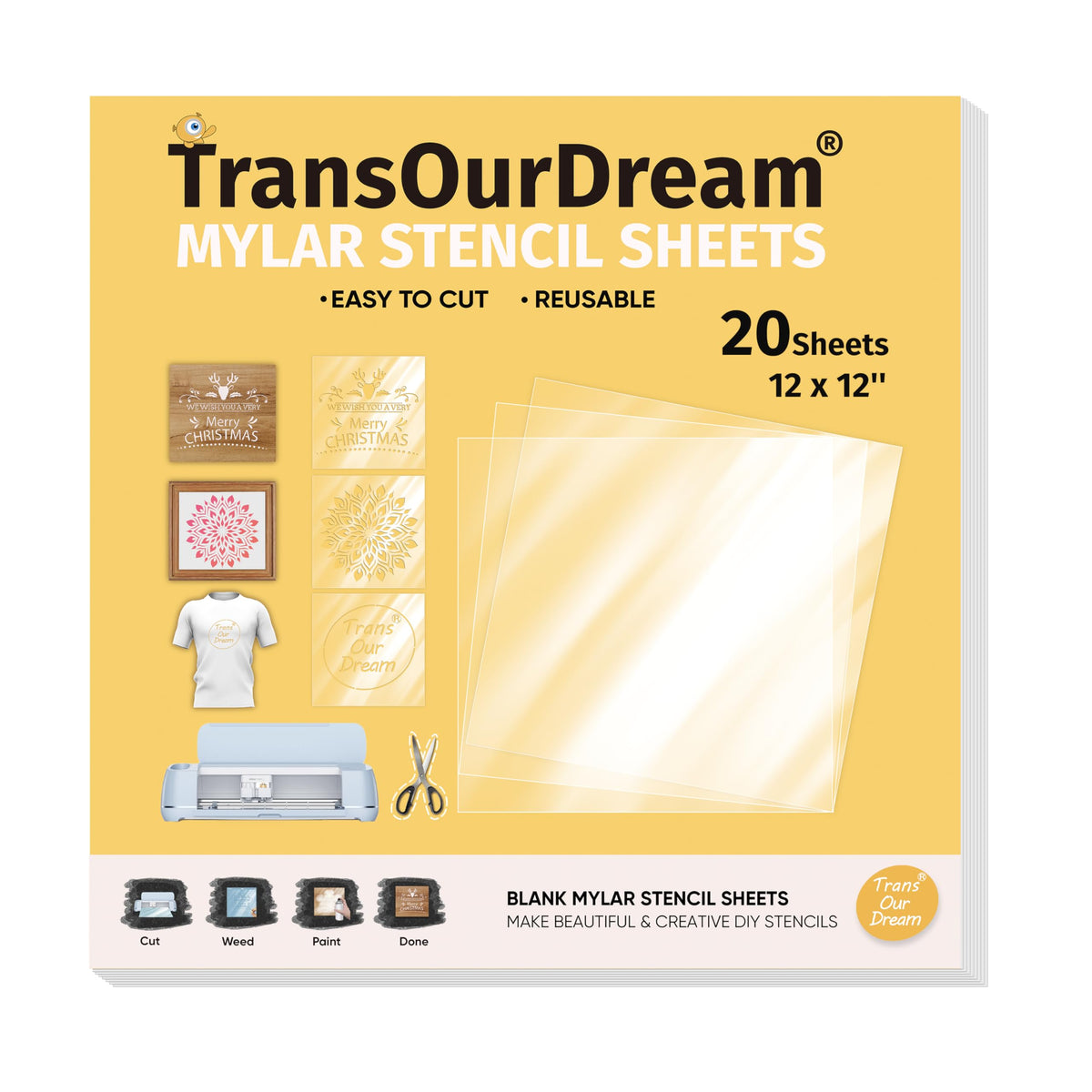 TransOurDream Easy Cut Stencils for Crafts (12"x12", 20 Sheets) Reusable Acetate Mylar for Vinyl Cutting Plastic Blanks Sheets for Spray Painting, Drawing (PET-20)