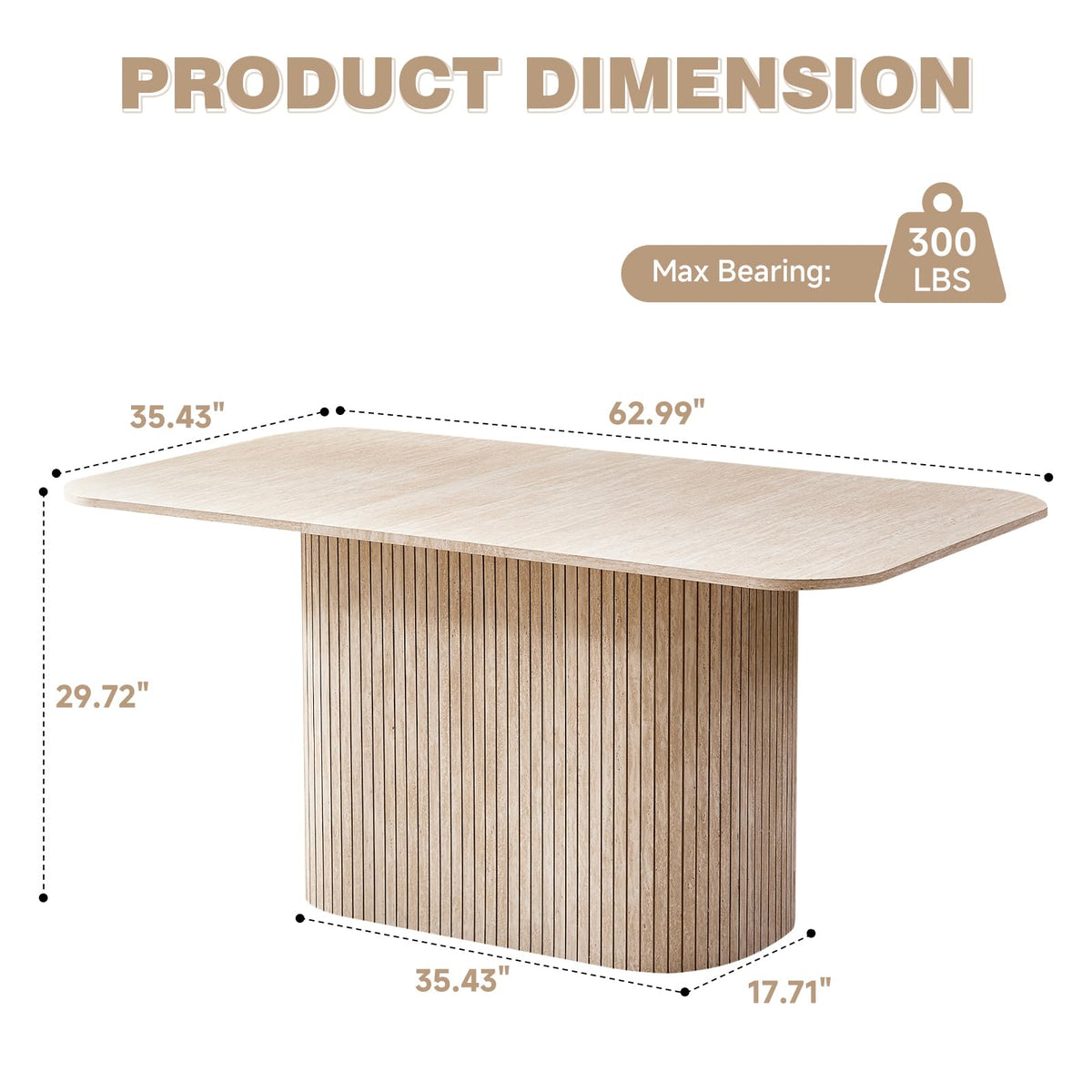 63" Inch Modern Oval Dining Table with Rounded Corners & Wood Strip Pedestal Base, Kitchen Table for Dining Room, Beige Stone Patterned(Table Only)