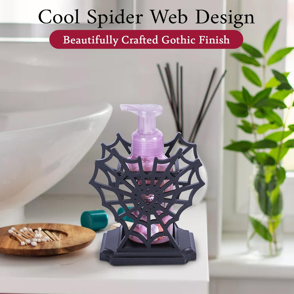 CEFLITECO Spider Web Soap Dispenser Holder – Heart-Shaped Halloween Spider Web Hand Soap Holder for Bathroom – Gothic Wooden Soap Dispenser for Spooky Bathroom Decor – Witchy Gifts for Women