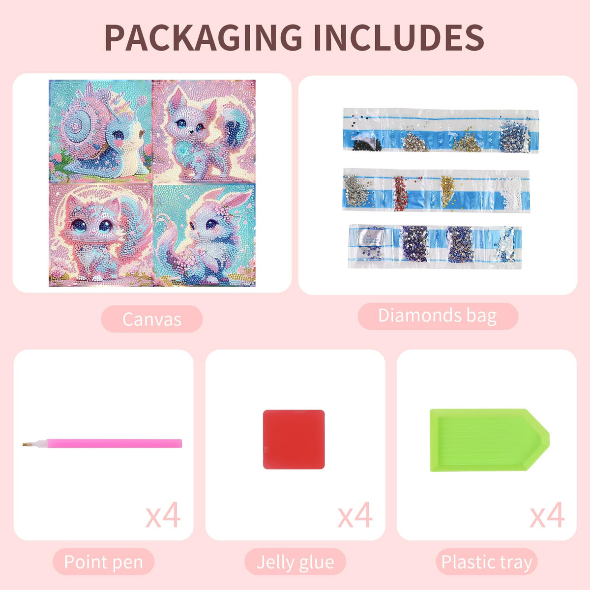 FlyingMage 5D Diamond Art Kits for Adults,Kawaii DIY Painting Art for Women, 4 Pack Cute Diamond Arts and Crafts Sets,Diamond Art Mosaic Kits,Big Gem Full Drill Diamond Dots, Fox Cat Rabbit Snail