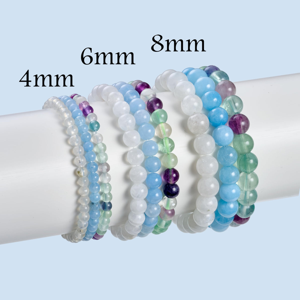 Bivei 3-Piece 8mm Beaded Bracelets for Women – Moonstone, Aquamarine, Fluorite – Handmade Natural Crystal Stretch Elastic Jewelry for Meditation, Yoga, Protection Gifts