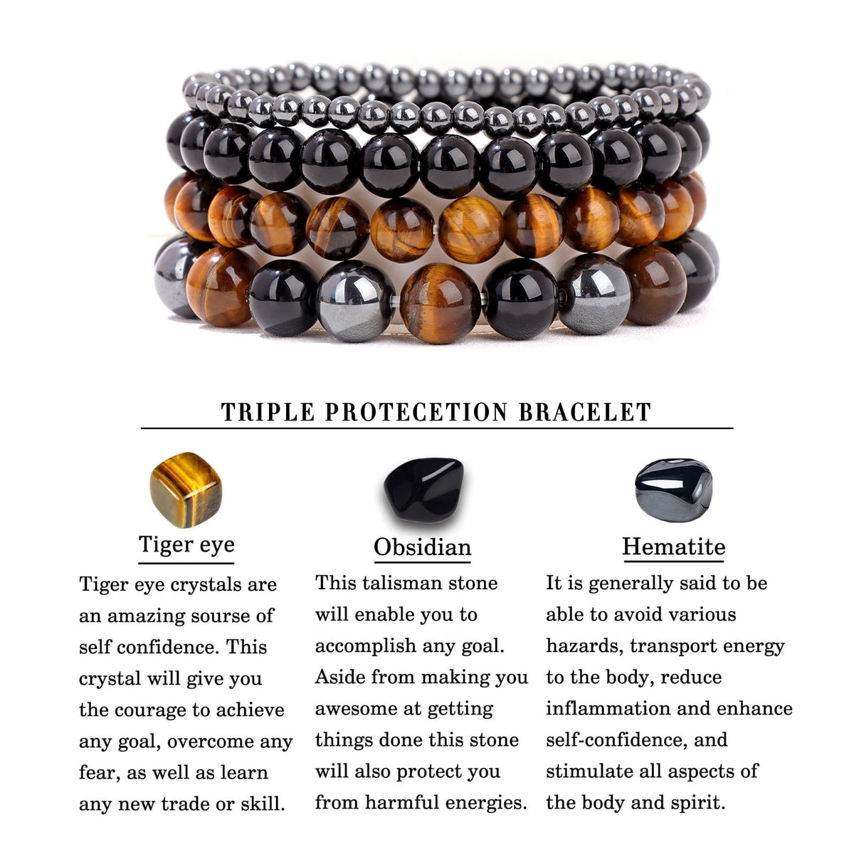 Vinswet 4pcs Natural Stone Beaded Bracelets for Women Men,Genuine Tigers Eye Black Obsidian and Hematite Bracelet,Handmade Triple Protection Bracelet Bring Luck and Prosperity and Happiness