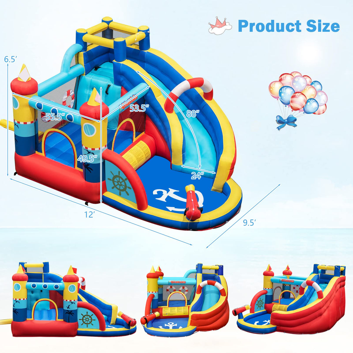 OLAKIDS Inflatable Water Slides, Nautical Themed Bouncy House with Slide, Splash Pool, Climbing Wall, Water Gun, Outdoor Jumping Castle with Hose, Carry Bag, Repairing Kit, Stakes