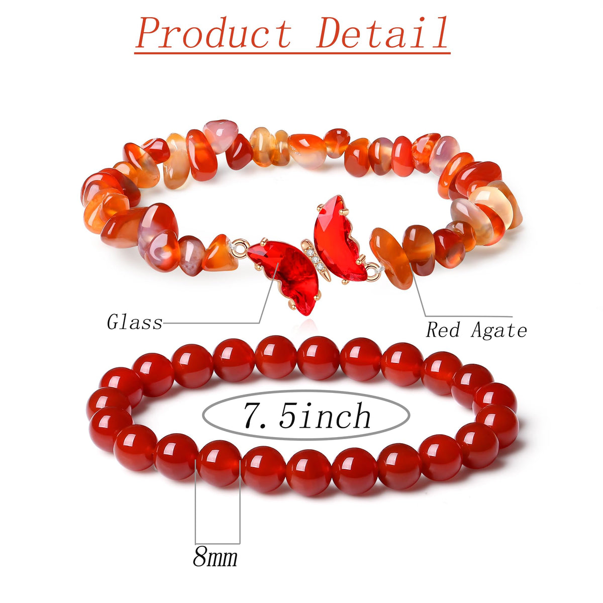 DUQGUHO 2Pcs Red Carnelian Bracelet for Women Butterfly Bracelet Gift for Women Healing Crystal Bracelet Natural Red Agate Jewelry 8mm Red Crystal Beaded Bracelet Gift for Birthday