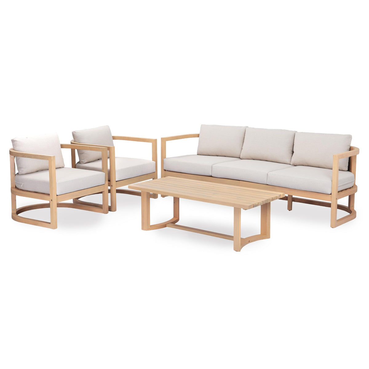Merax 4 Piece Rattan Woven Paito Conversation Set, All-Weather Acacia Wood 3 Seater Sofa,2 Club Armchairs with Coushions, 1 Coffee Table for Porch, Lawn, Backyard, Balcony, Light Teak