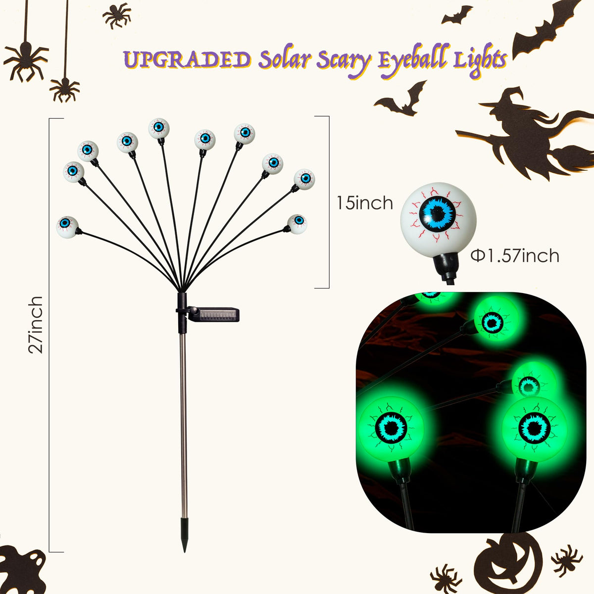 Halloween Decorations, 4 Pack 40LED Solar Halloween Lights Outdoor Scary Eyeball Waterproof Halloween Solar Garden Lights Swaying Firefly Lights for Yard Garden Patio Party Decor Green