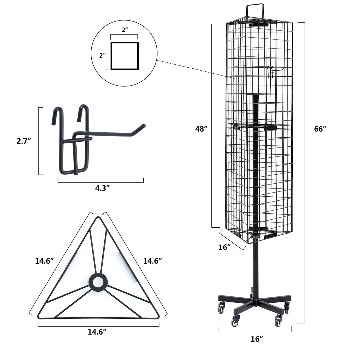 NectaCol Triangular Gridwall Panel Display Stand with Base and Pole, Black Grid Wall Panels with Wheels, Craft Gridwall Display Rack, Art Display Stand, Show Rack, Extra 12pcs Hooks