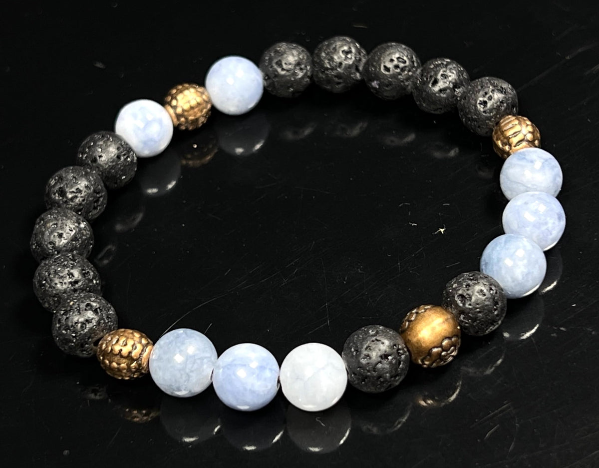 AWAKEN YOUR KUNDALINI Lava Rock & Aquamarine Stretch Bracelet – 8mm Beads, Copper Spacers