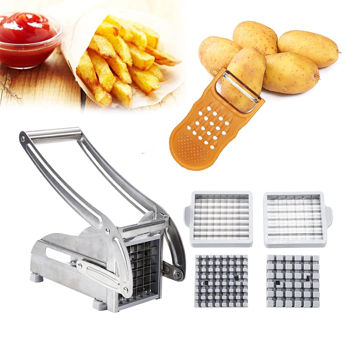 Azooken Stainless Steel French Fry Cutter, 2-blade Potato Slicer No-Slip Suction Base French Fry Cutter with 1 Peeler, Perfect for Potatoes, French Fries, Cucumber,Vegetables Carrot